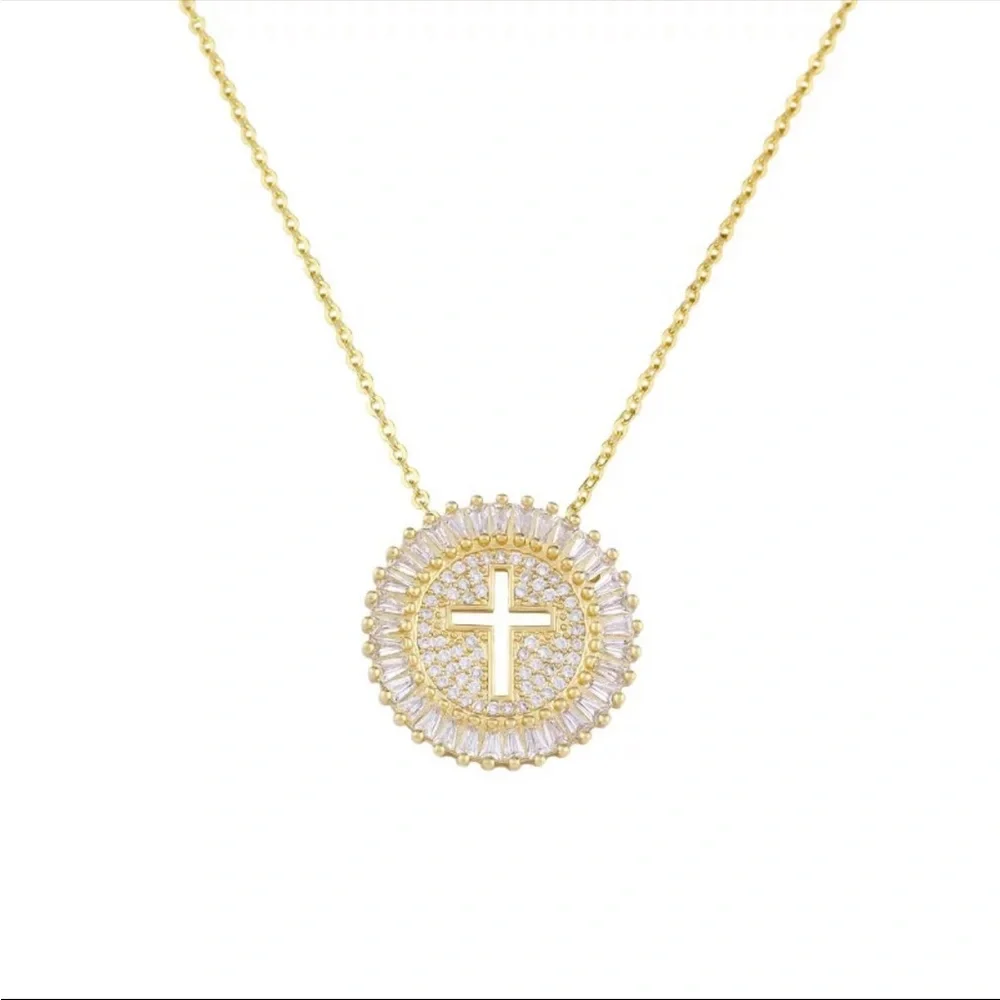 New Unisex Yellow Gold Plated Round Cut Diamond Necklace - Picture 1 of 4